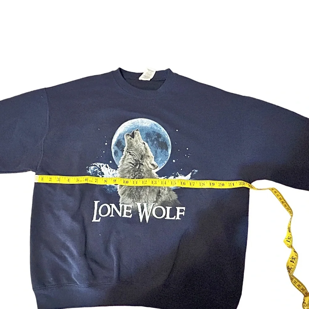 Vintage Jerzees Lone Wolf Moon Graphic Sweatshirt Size L Navy - Picture 8 of 13